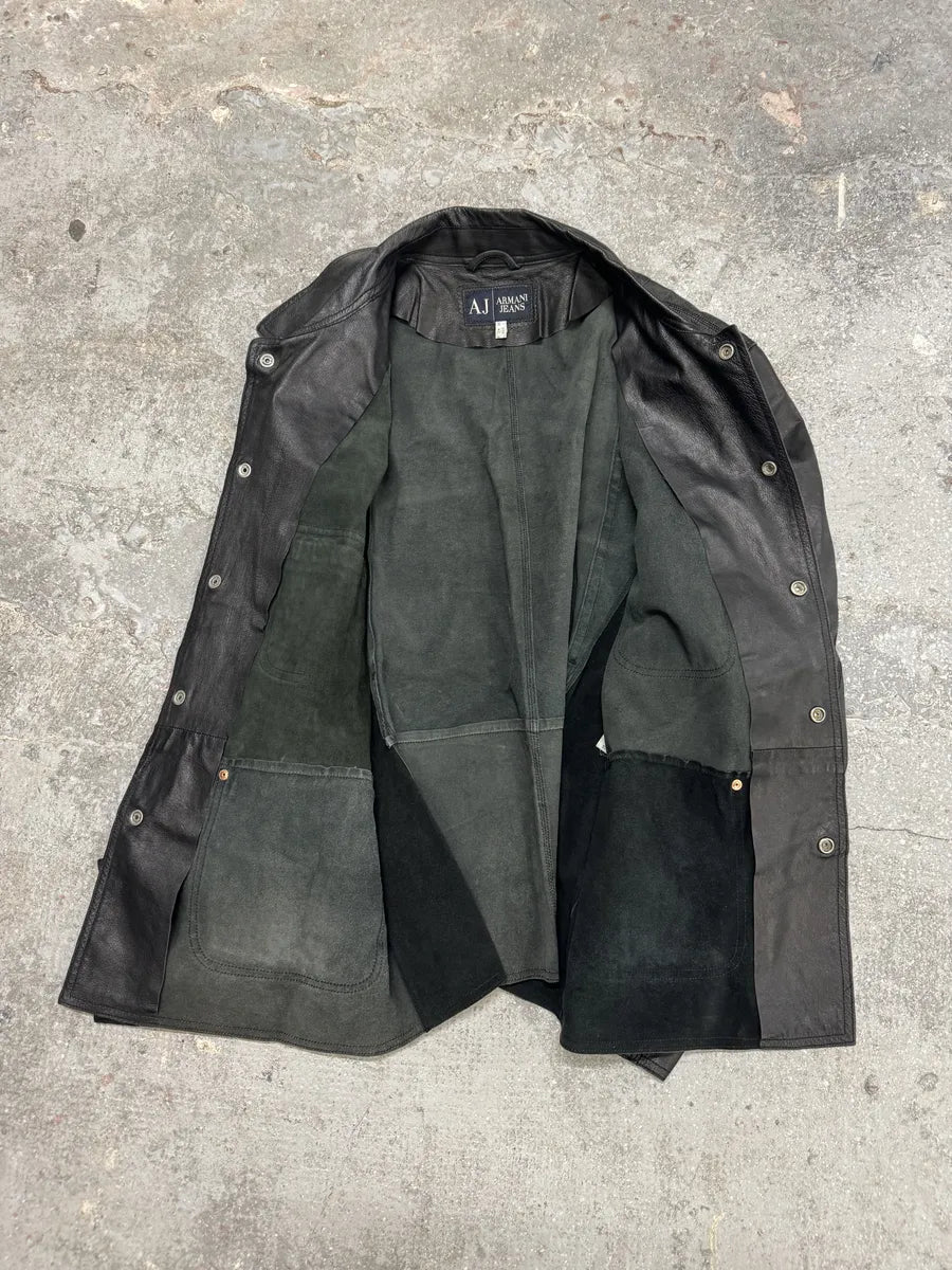 2000s Armani Black Buttoned Leather Jacket WnUjosx 6