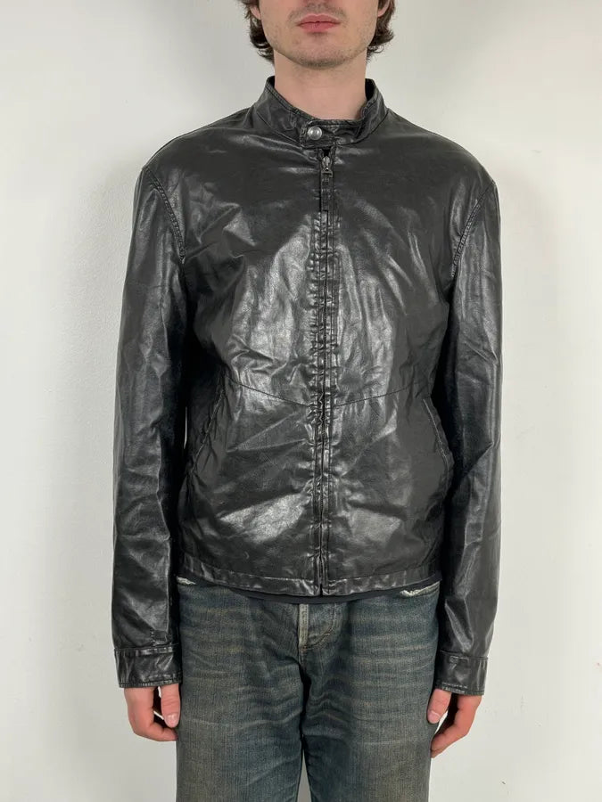 2000s Armani Black Eco Leather Biker Jacket vasODUd 1