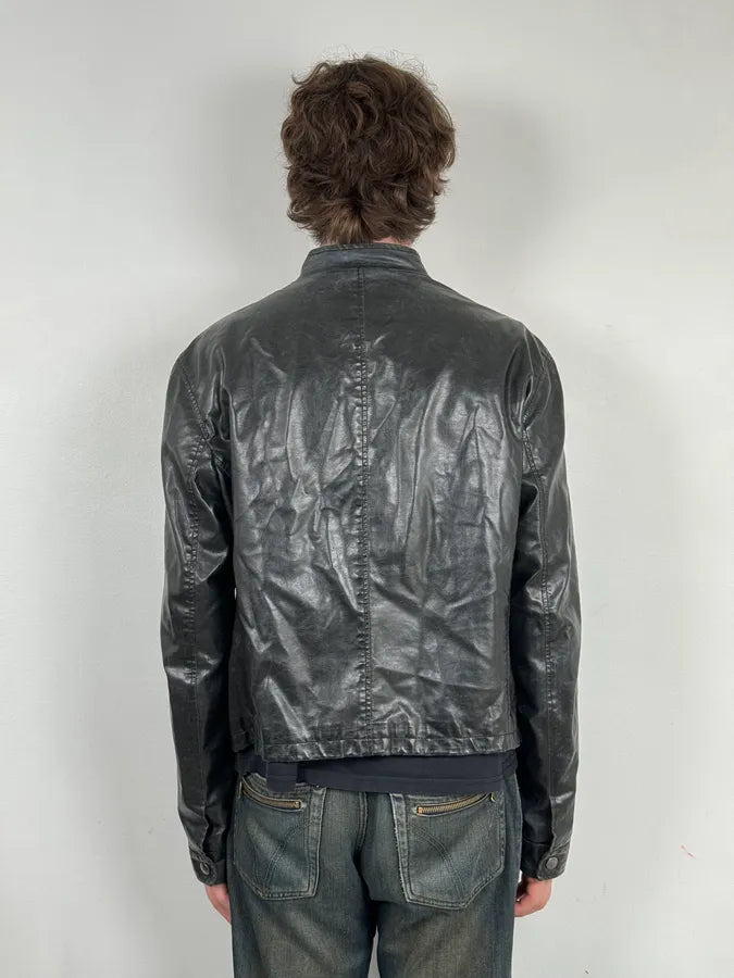 2000s Armani Black Eco Leather Biker Jacket vasODUd 2
