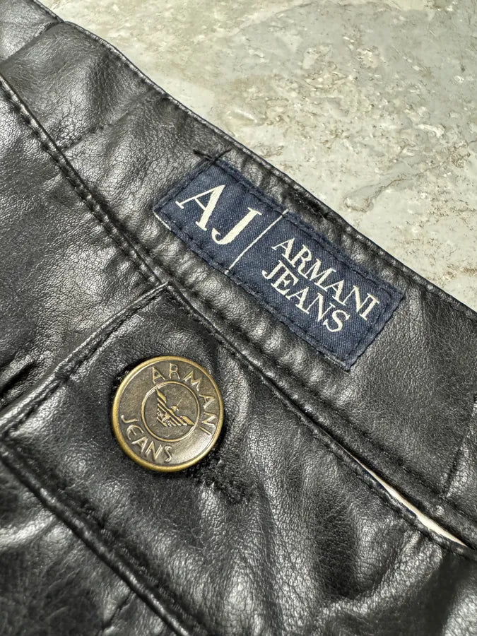 2000s Armani Black Eco Leather Rocker Pants (M) 2