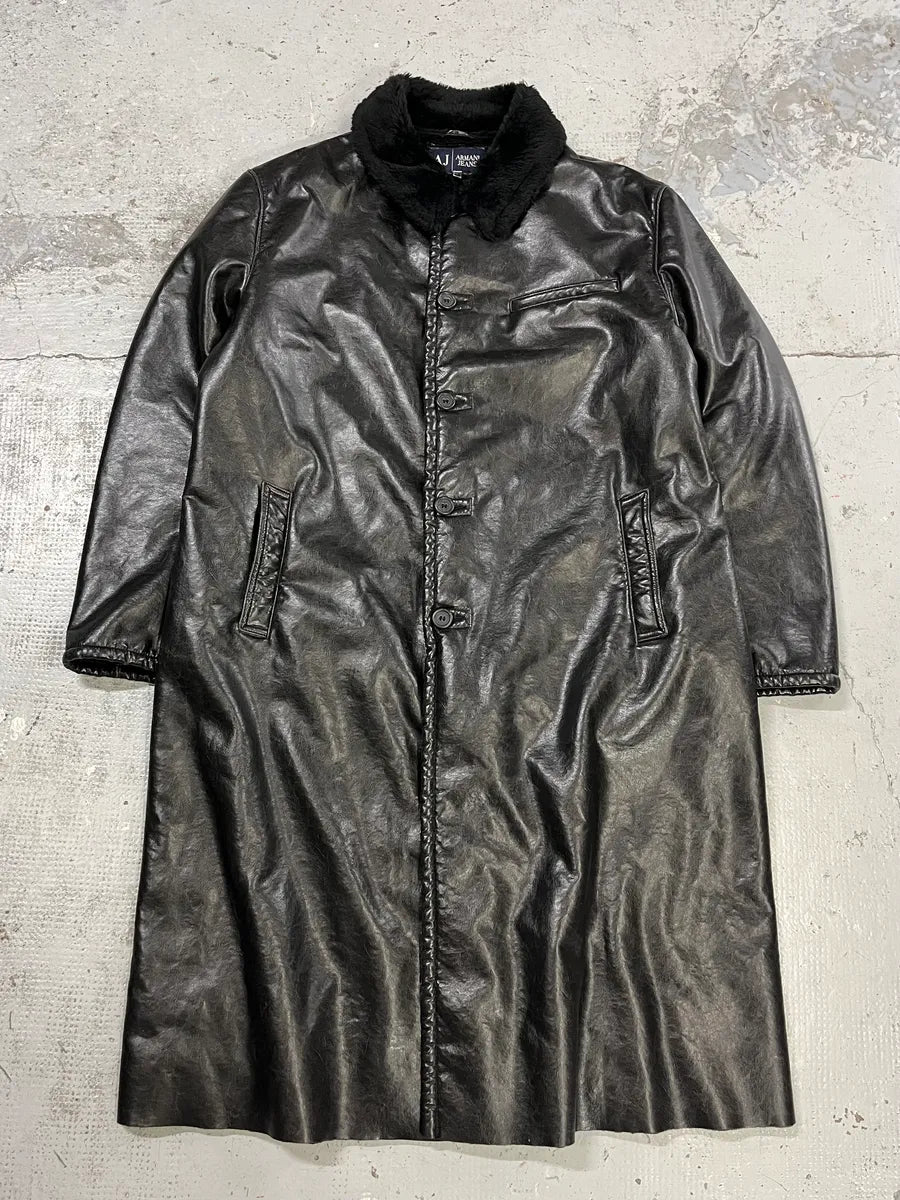 2000s Armani Black Faux Leather & Fur Long Coat dXtNUDH 0