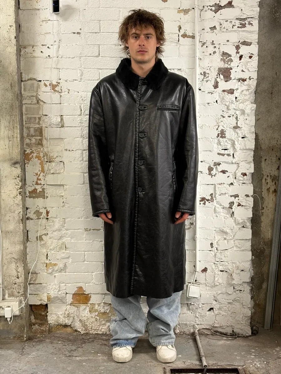 2000s Armani Black Faux Leather & Fur Long Coat dXtNUDH 1