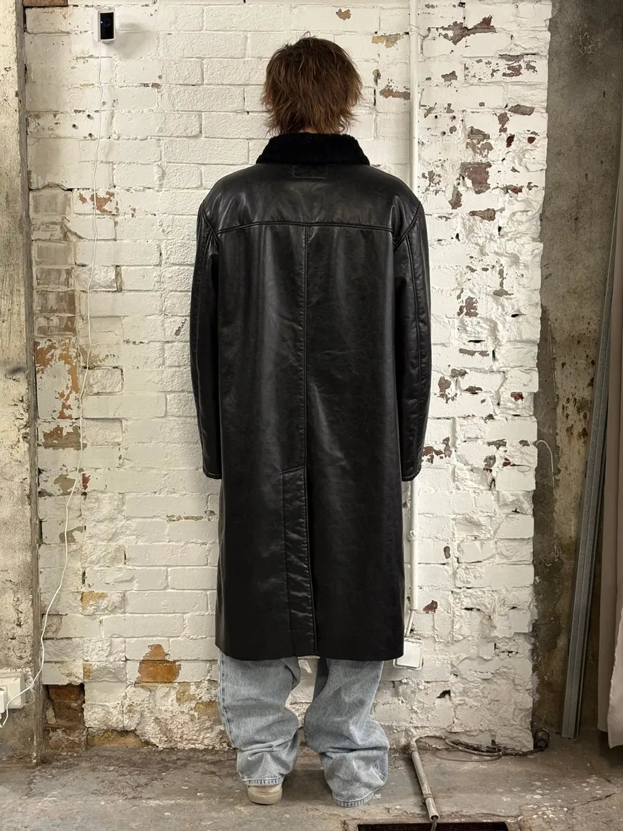 2000s Armani Black Faux Leather & Fur Long Coat dXtNUDH 2