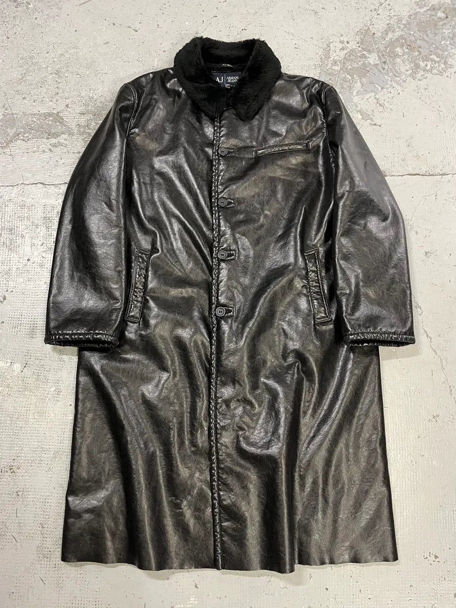 2000s Armani Black Faux Leather & Fur Long Coat dXtNUDH 3