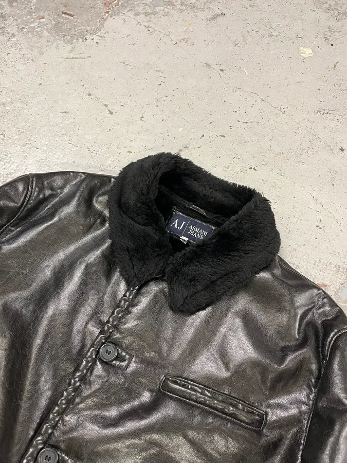 2000s Armani Black Faux Leather & Fur Long Coat dXtNUDH 4