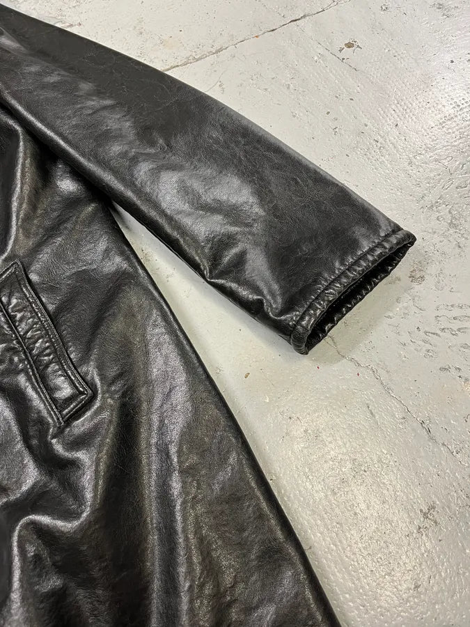 2000s Armani Black Faux Leather & Fur Long Coat dXtNUDH 5