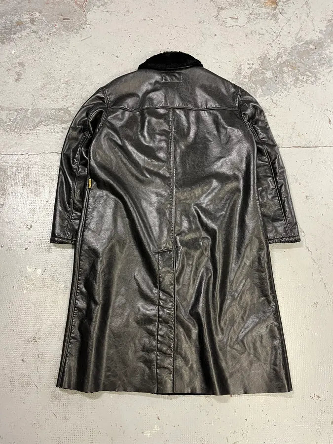 2000s Armani Black Faux Leather & Fur Long Coat dXtNUDH 7