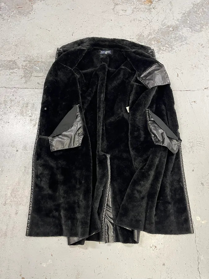 2000s Armani Black Faux Leather & Fur Long Coat dXtNUDH 9