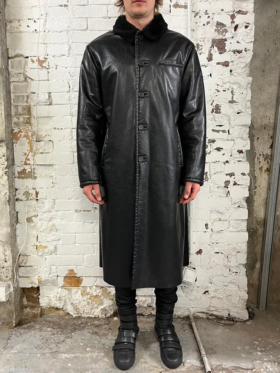 2000s Armani Black Faux Leather & Fur Long Coat SPArIcu 0