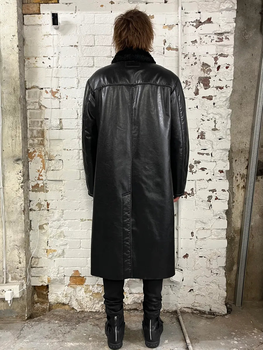 2000s Armani Black Faux Leather & Fur Long Coat SPArIcu 1