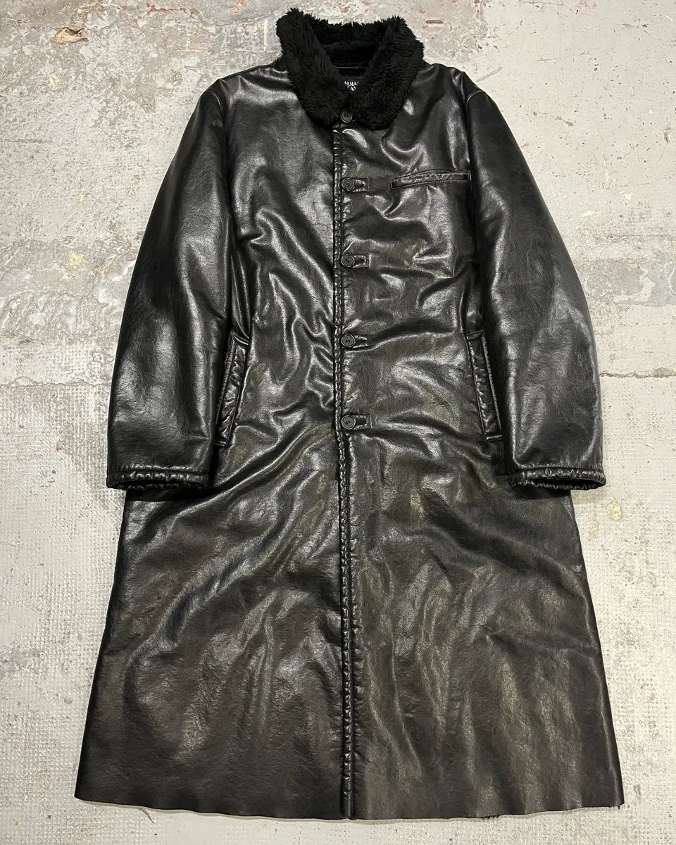 2000s Armani Black Faux Leather & Fur Long Coat SPArIcu 2