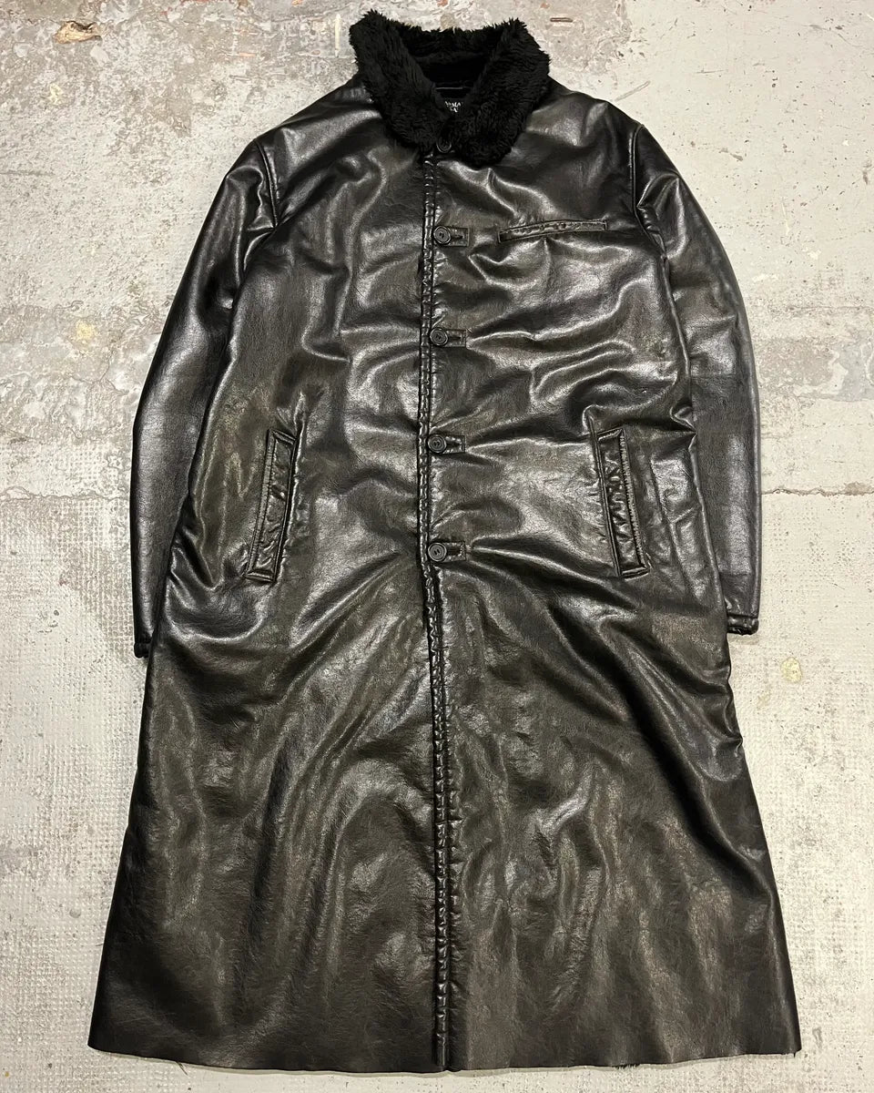 2000s Armani Black Faux Leather & Fur Long Coat SPArIcu 3