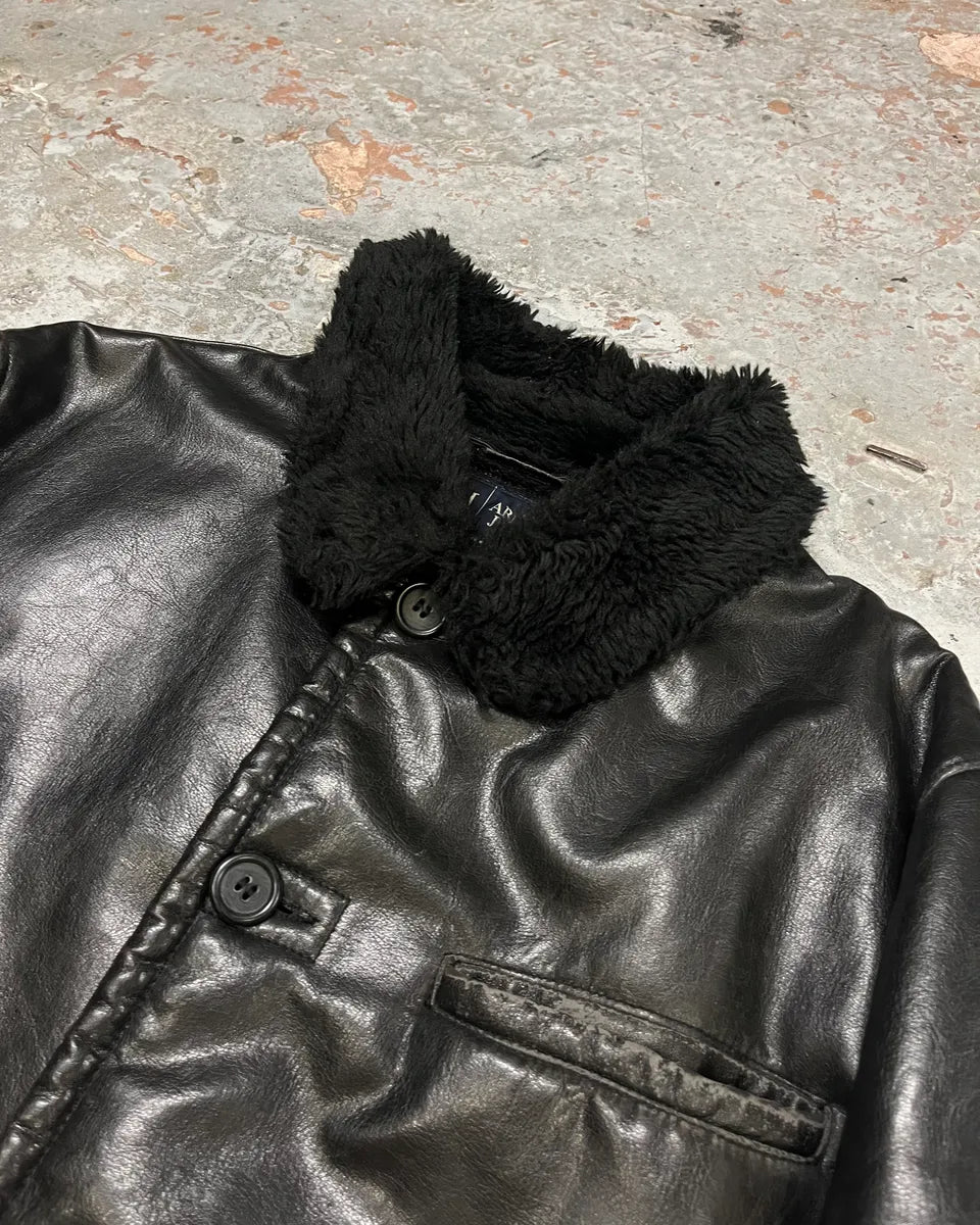 2000s Armani Black Faux Leather & Fur Long Coat SPArIcu 4