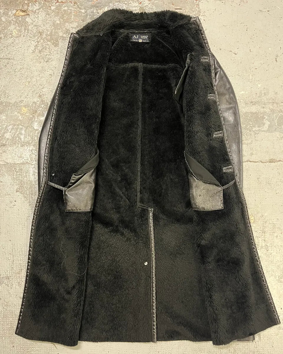 2000s Armani Black Faux Leather & Fur Long Coat SPArIcu 7
