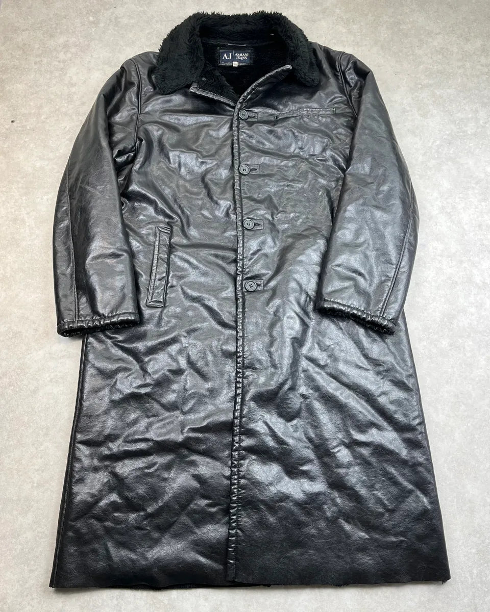 2000s Armani Black Faux Leather Long Coat wNCuxFw 2