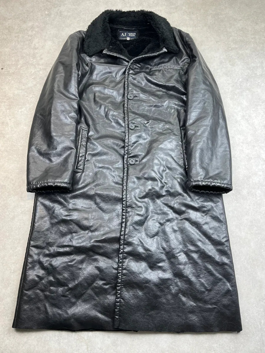 2000s Armani Black Faux Leather Long Coat wNCuxFw 4