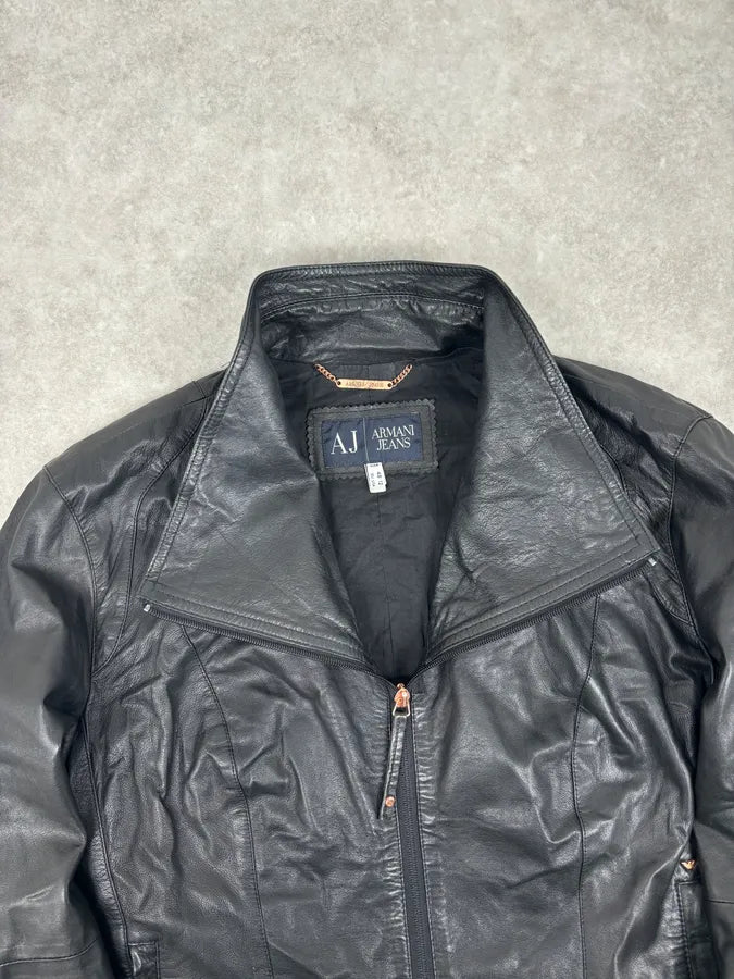 2000s Armani Black High-Neck Avant-Garde Leather Jacket  vGRzeNp 5