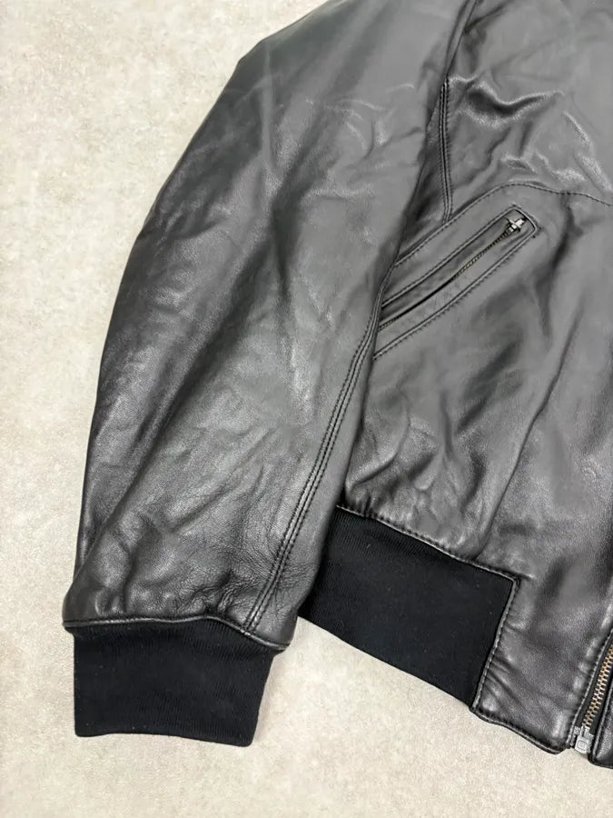 2000s Armani Black Hooded Bomber Leather Jacket niKGyXH 7
