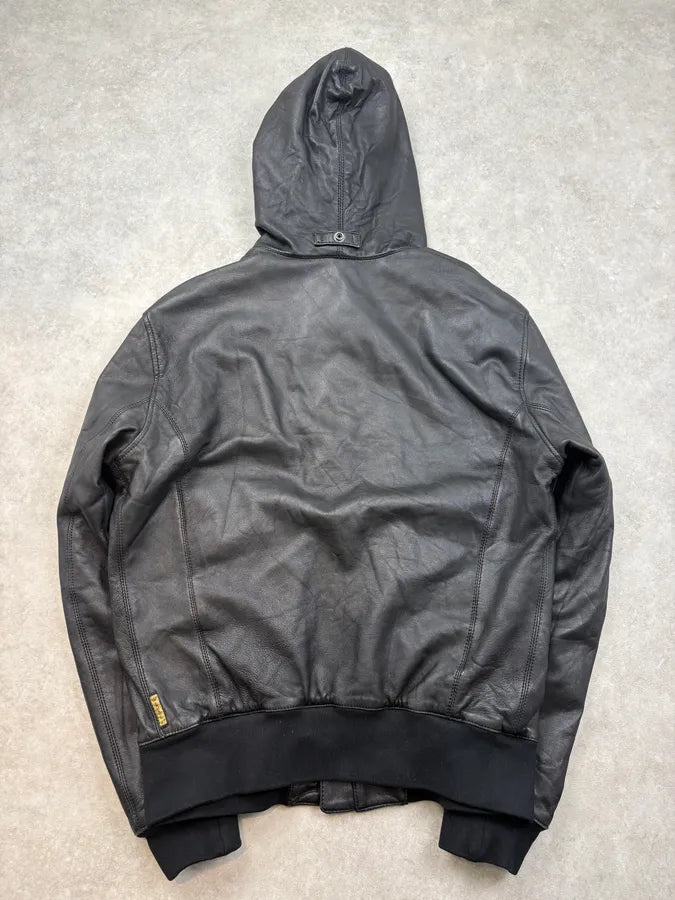 2000s Armani Black Hooded Bomber Leather Jacket osMaSLT 5