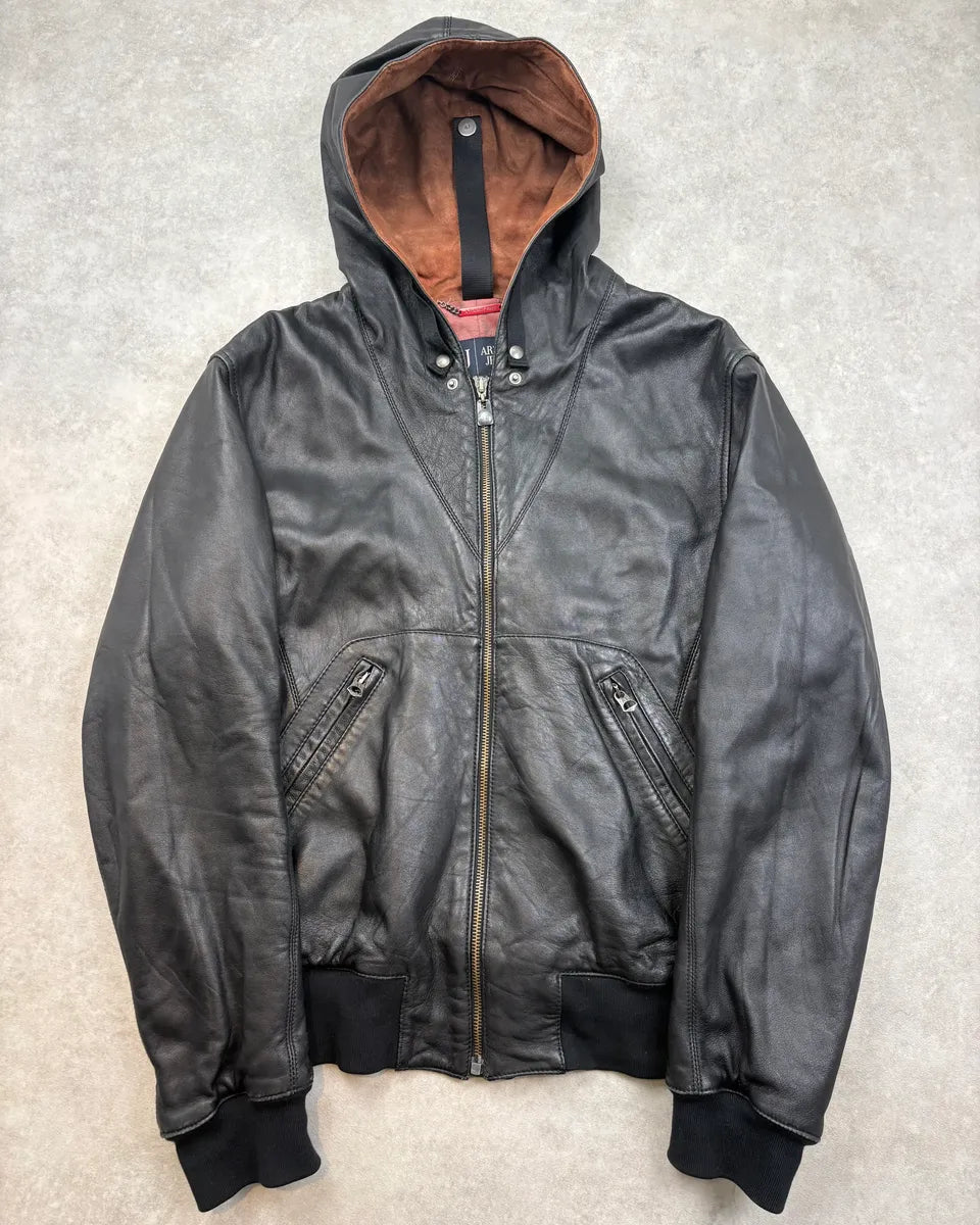 2000s Armani Black Hooded Bomber Leather Jacket osMaSLT 0