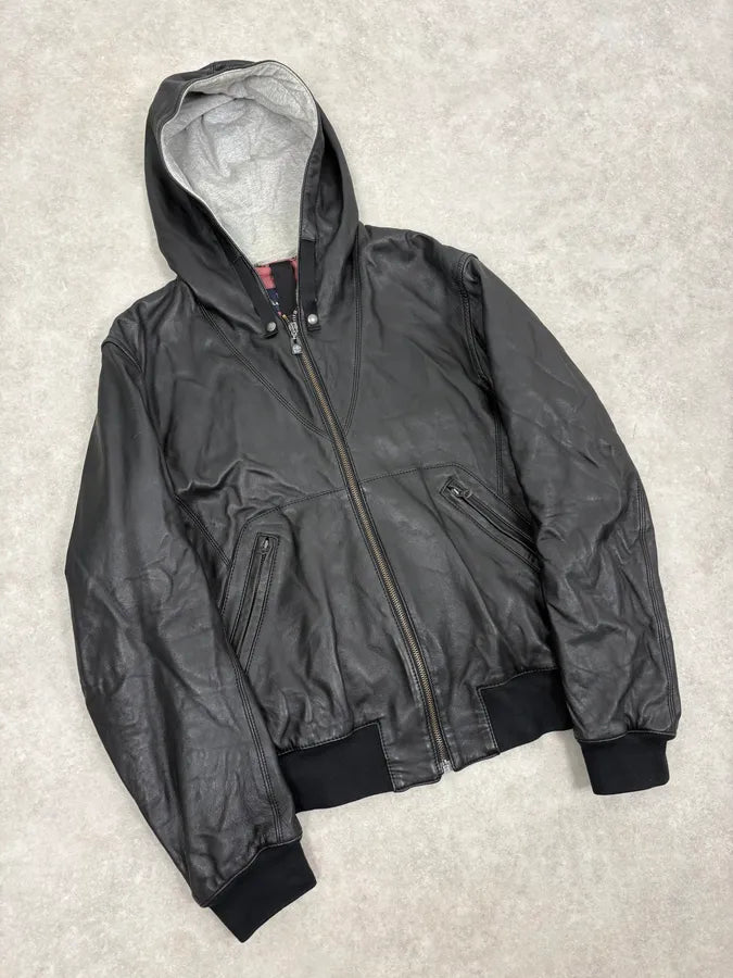 2000s Armani Black Hooded Bomber Leather Jacket niKGyXH 3