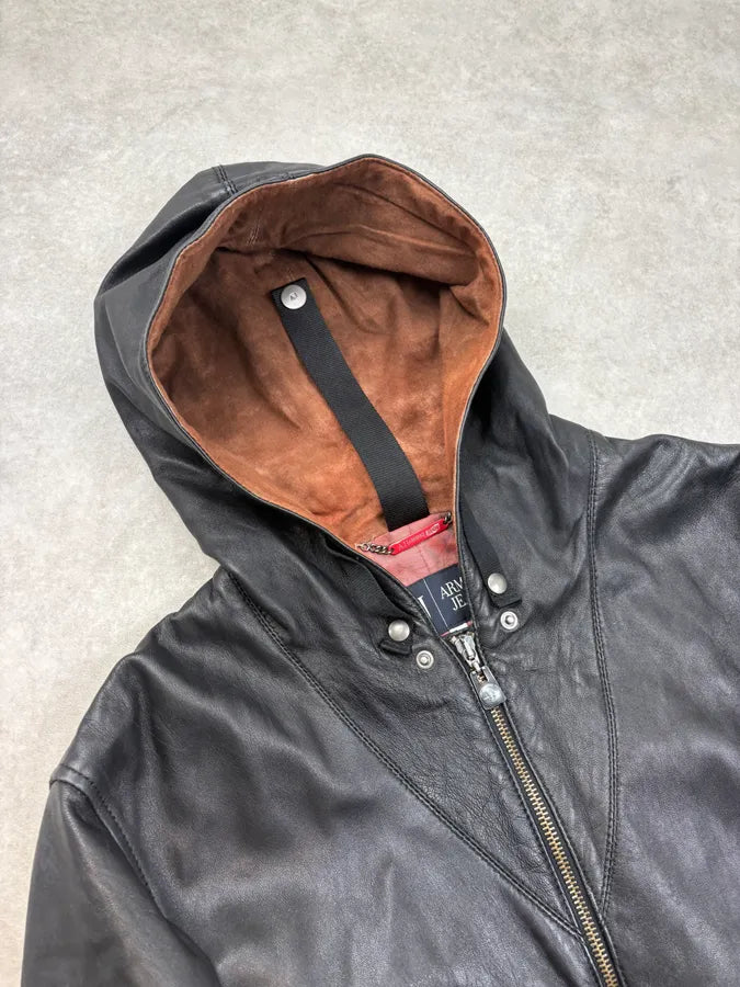 2000s Armani Black Hooded Bomber Leather Jacket osMaSLT 4
