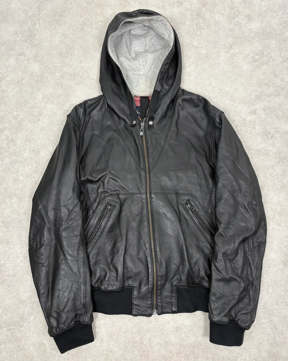 2000s Armani Black Hooded Bomber Leather Jacket niKGyXH 0