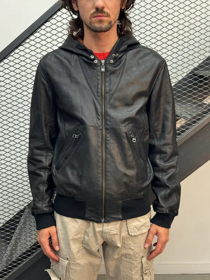 2000s Armani Black Hooded Bomber Leather Jacket osMaSLT 1