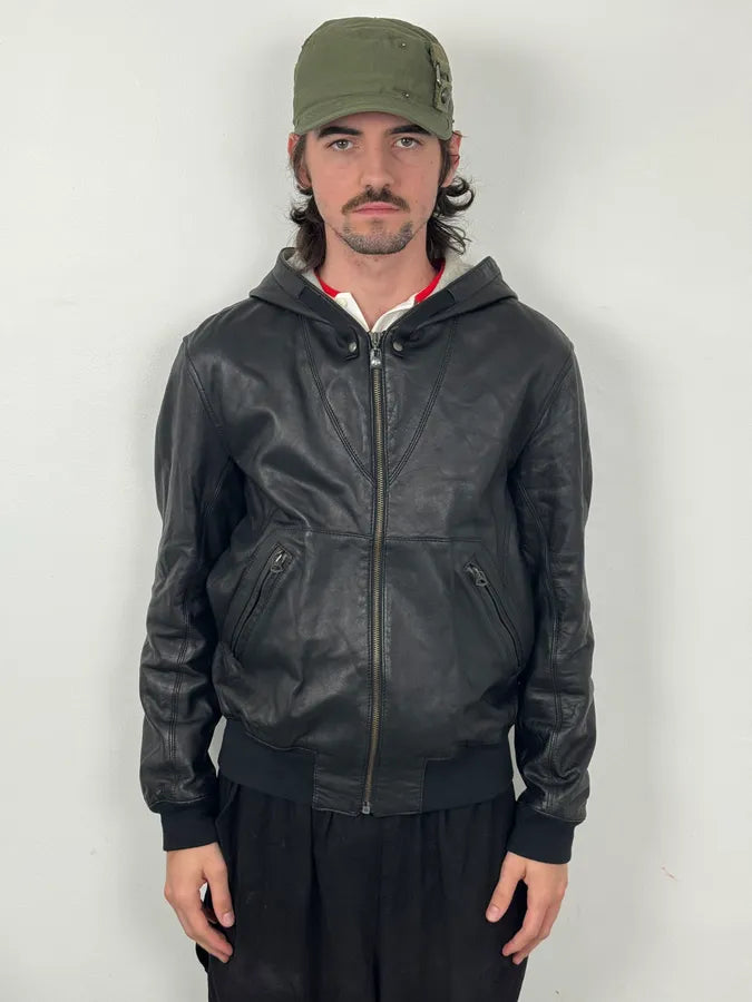 2000s Armani Black Hooded Bomber Leather Jacket niKGyXH 1
