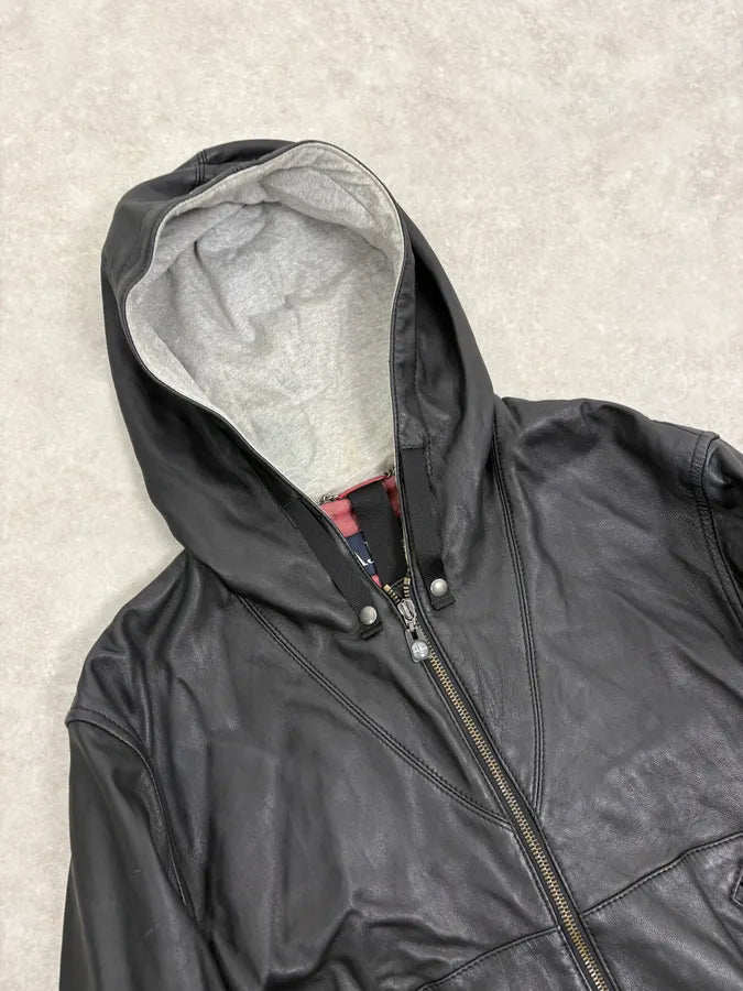 2000s Armani Black Hooded Bomber Leather Jacket niKGyXH 4