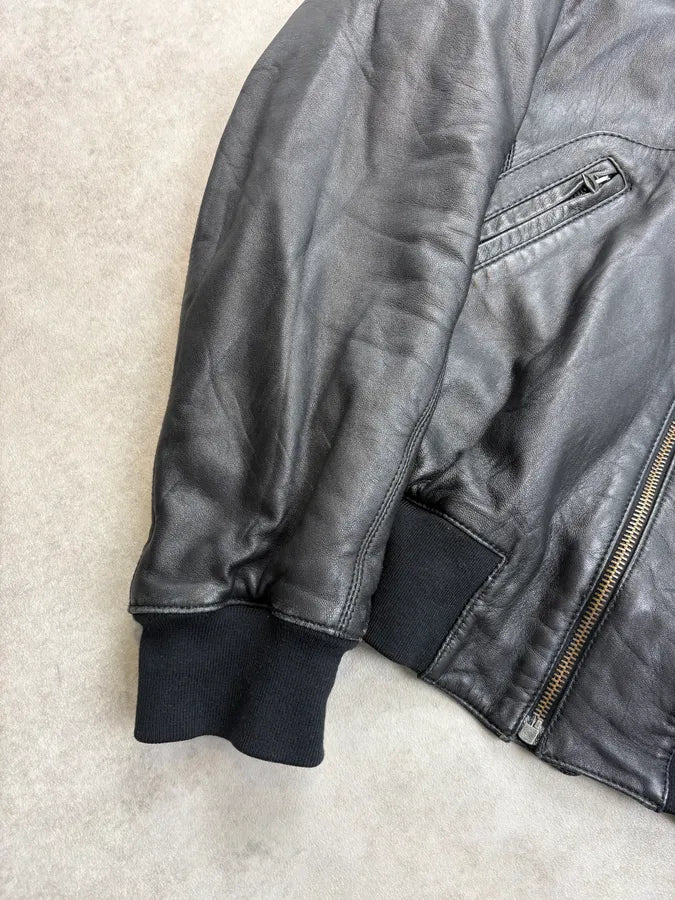 2000s Armani Black Hooded Bomber Leather Jacket osMaSLT 7