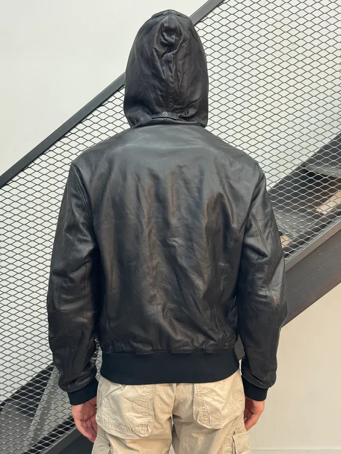 2000s Armani Black Hooded Bomber Leather Jacket osMaSLT 2