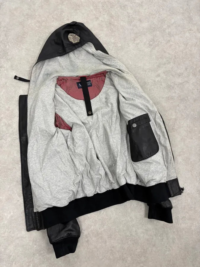 2000s Armani Black Hooded Bomber Leather Jacket niKGyXH 6