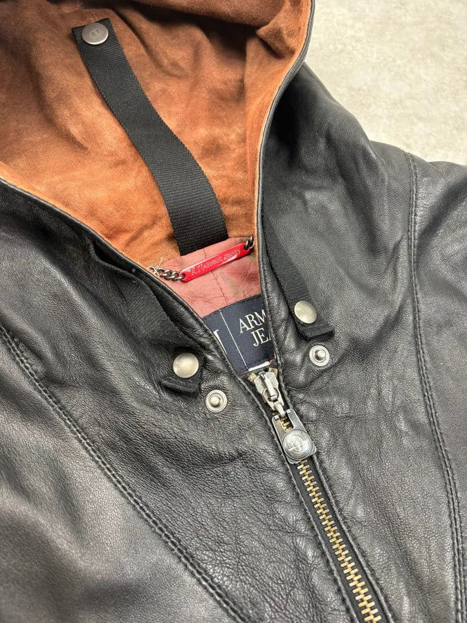 2000s Armani Black Hooded Bomber Leather Jacket osMaSLT 8