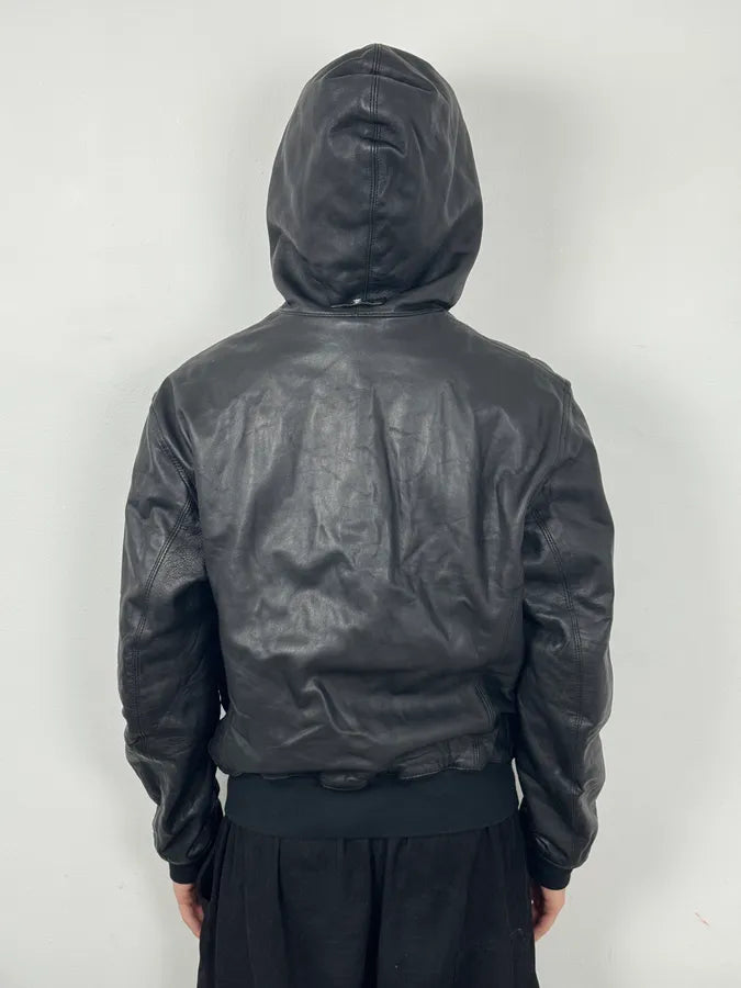 2000s Armani Black Hooded Bomber Leather Jacket niKGyXH 2