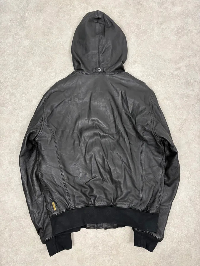 2000s Armani Black Hooded Bomber Leather Jacket niKGyXH 5