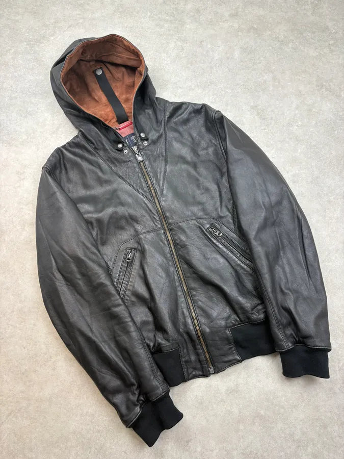 2000s Armani Black Hooded Bomber Leather Jacket osMaSLT 3