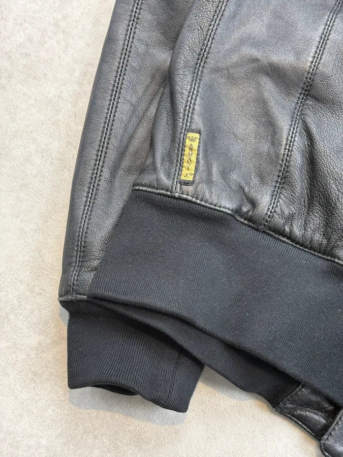 2000s Armani Black Hooded Bomber Leather Jacket osMaSLT 9