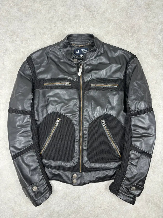 2000s Armani Black Hybrid Biker Leather Jacket GyyxgLY 0