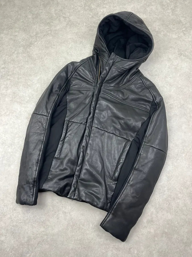 AW2012 Emporio Armani Black Hybrid Ninja Leather Hooded Jacket MHoiqRW 3