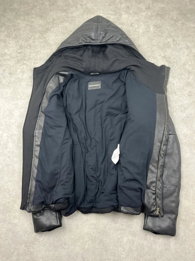 AW2012 Emporio Armani Black Hybrid Ninja Leather Hooded Jacket MHoiqRW 7