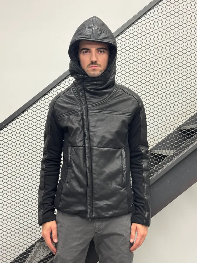 AW2012 Emporio Armani Black Hybrid Ninja Leather Hooded Jacket MHoiqRW 0
