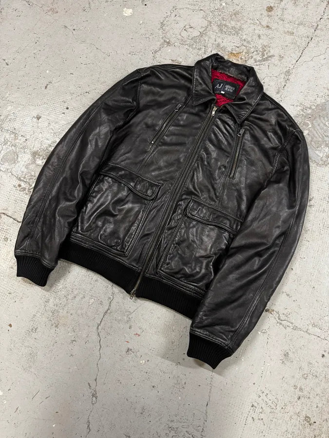 2000s Armani Black Leather Bomber Jacket gedrYDa 2