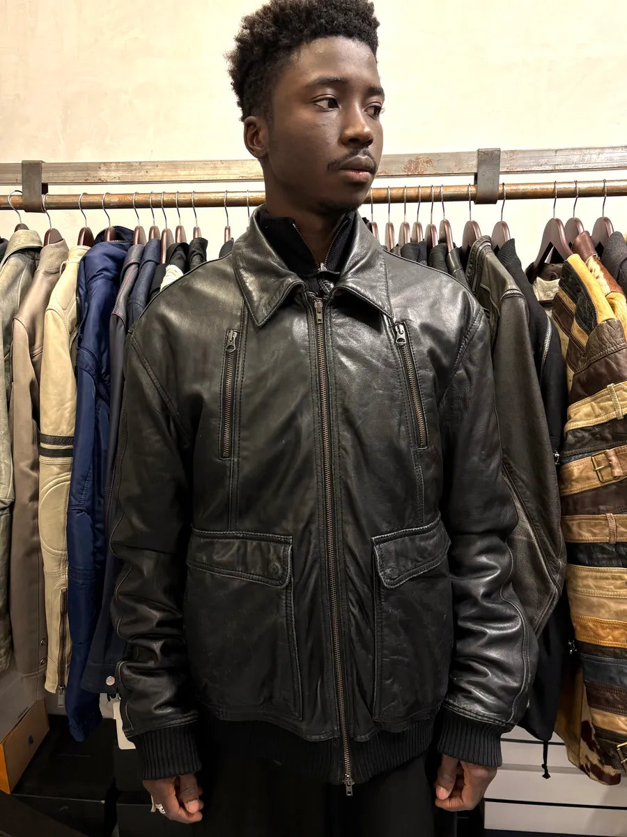 2000s Armani Black Leather Bomber Jacket gedrYDa 1