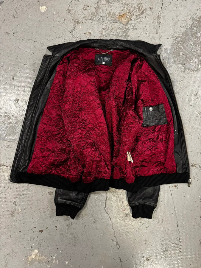 2000s Armani Black Leather Bomber Jacket gedrYDa 6