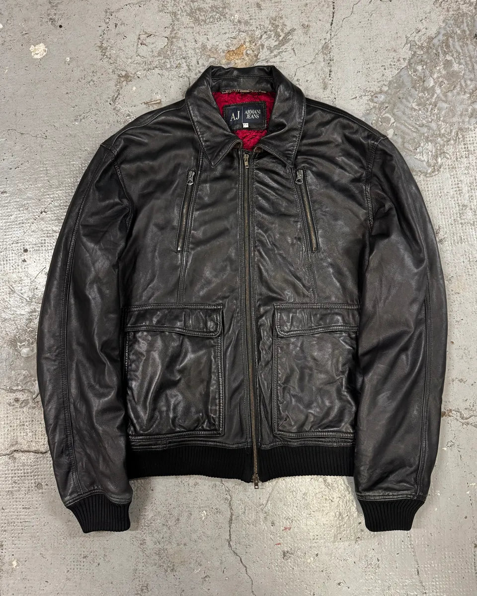 2000s Armani Black Leather Bomber Jacket gedrYDa 0