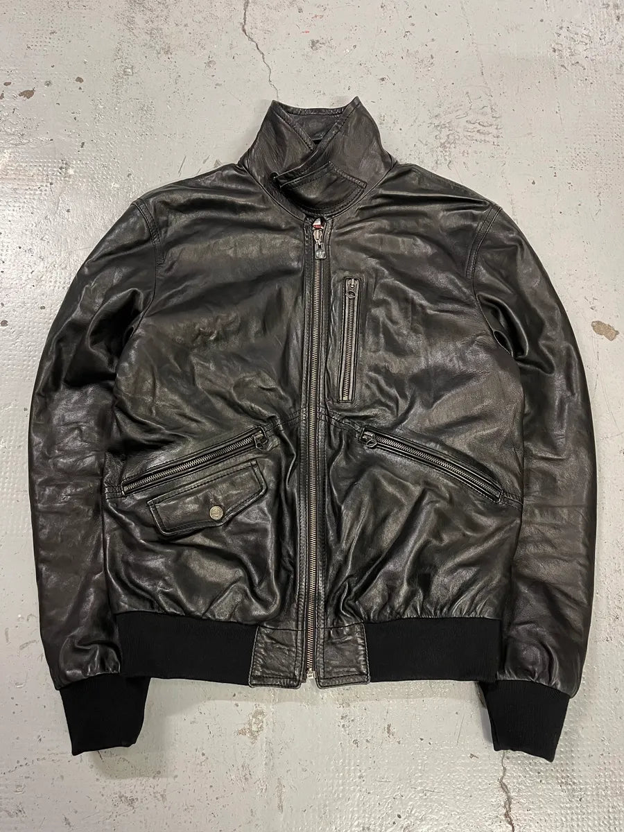 2000s Armani Black Leather Bomber Jacket ZKEXQIU 0