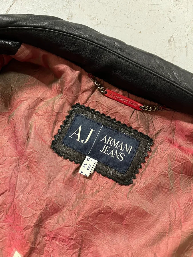 2000s Armani Black Leather Bomber Jacket ZKEXQIU 10