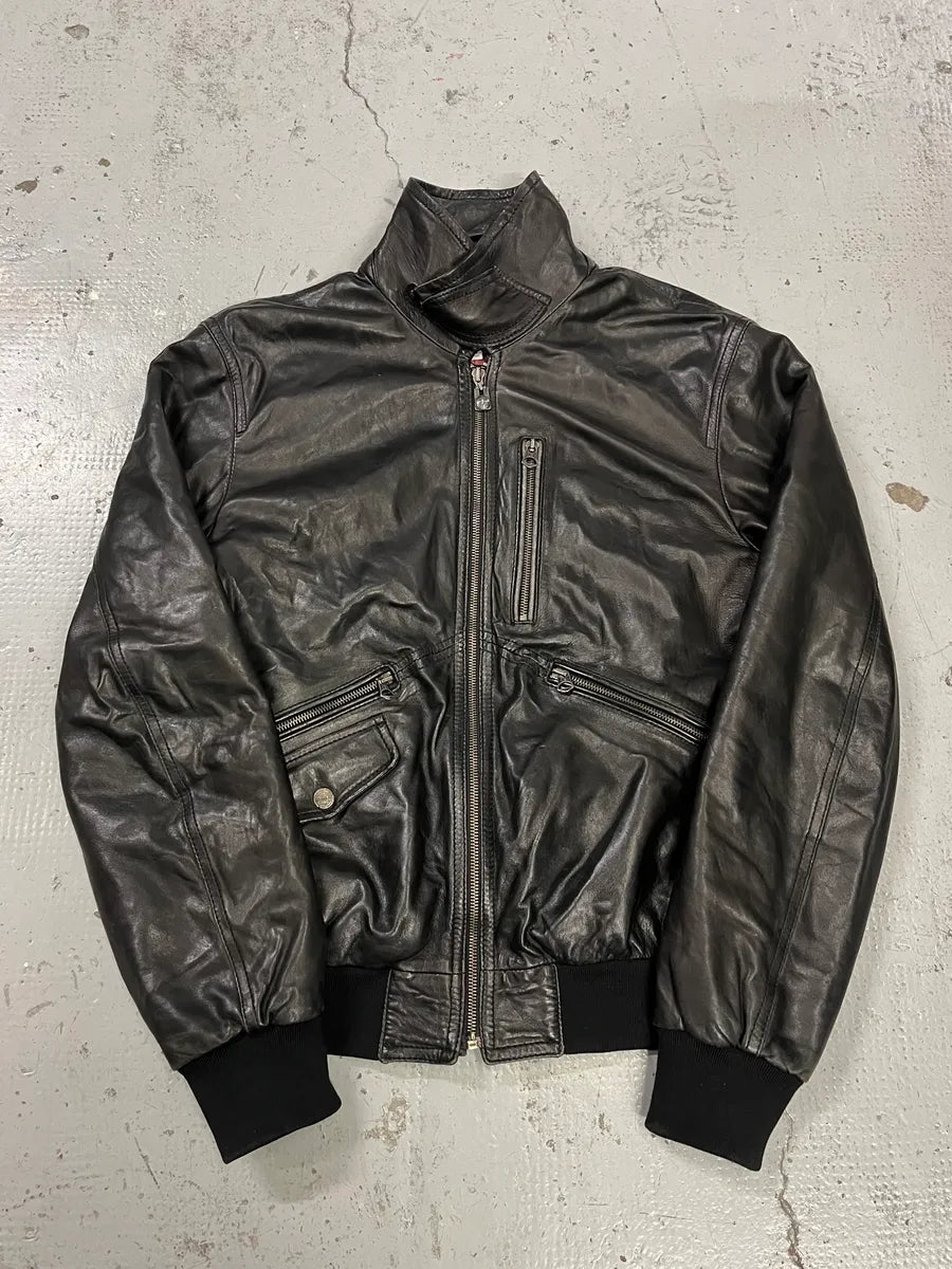 2000s Armani Black Leather Bomber Jacket ZKEXQIU 3