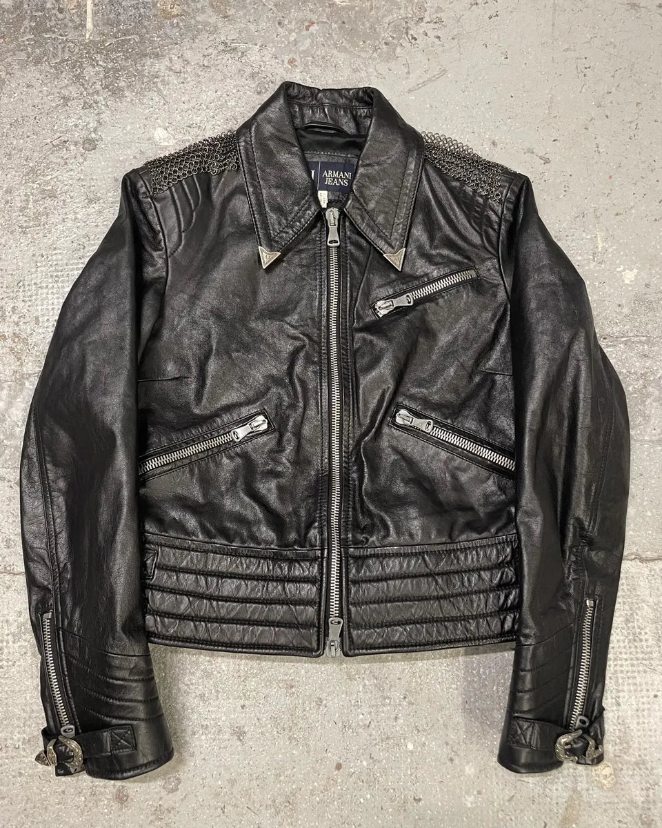 2000s Armani Black Leather Metallic Rock Embellished Jacket pkvzLwq 0